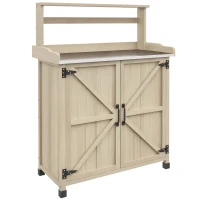 Outsunny Tavolo da giardinaggio con armadietto e ripiani, 90,5x41x124,5 cm, Legno Naturale(m-8)