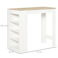 HOMCOM Masă de bar pentru 2 persoane, masă înaltă stand-up cu 4 rafturi deschise, 115x50x102,7cm, alb și lemn natural(m-3)