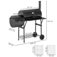 Outsunny Barbecue a carbone in acciaio BBQ Smoker con coperchio Termometro Ruote Alimentazione aria Vaschetta per carbone(m-3)
