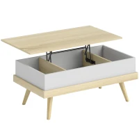 HOMCOM Mesa de Centro Elevable con 3 Compartimientos de Almacenaje Ocultos y Patas de Madera 100x79x54 cm Natural y Blanco(m-1)