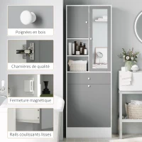 HOMCOM Armadio da bagno con cestino per il bucato e porta specchiata ripiano regolabile 62 x 28,3 x 181 cm grigio e bianco(m-3)