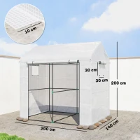Outsunny PE Garden Greenhouse, Balcony Greenhouse, Reinforced 135 g/m² Cover, Steel Frame, Zippered Door, 200 x 140 x 200 cm, White(m-3)