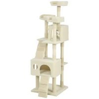PawHut Árbol Rascador para Gatos Árbol para Gatos 153 cm con 2 Cuevas 3 Camas 2 Rampas Postes de Sisal Ratones Colgantes Crema(m-7)