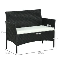 Outsunny Divano da Giardino a 2 Posti con Cuscino e Braccioli in Rattan PE e Acciaio, 107x55x80cm, Nero(m-3)