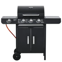 Outsunny Barbecue a gas con 3 bruciatori principali e 1 bruciatore laterale, ripiani, acciaio inox, nero, 110 x 50 x 100 cm(m-1)