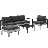 Outsunny Set lounge da giardino per 5 persone, lounge per balcone in rattan, con poltrone, sgabello e tavolino, Grigio chiaro(m-6)