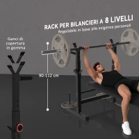 HOMCOM Panca Pesi Pieghevole con 8 Altezze Regolabili e Supporto Bilanciere in Acciaio e PU, 140x73x98-122 cm, Nera(m-6)