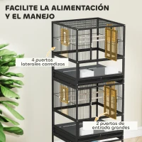 PawHut Jaula para Pájaros de 2 Niveles con Paneles Acrílicos Comederos Perchas Ruedas y Estante Inferior 48x46x134,5 cm Negro(m-6)