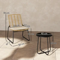 Outsunny Set mobili da giardino 3 pezzi, 2 sedie in rattan, 1 tavolo con piano metallico, cuscini per seduta, set bistro, Beige & Marrone(m-3)