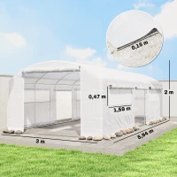 Outsunny Tunnelgewächshaus 6x3x2 m mit 3 aufrollbaren Türen, 6 Netzfenstern und verzinktem Stahlrahmen, Weiß(m-3)