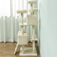 PawHut Copac de zgâriat pentru pisici Copac pentru pisici 153 cm cu 2 căsuțe 3 paturi 2 rampe Stâlpi din sisal Șoricei suspendați Cremă(m-4)