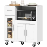 HOMCOM Mobile da cucina su ruote, mobiletto da cucina con ripiani, cassetti, ripiano regolabile, foro passacavi, bianco(m-6)
