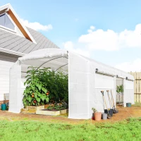 Outsunny Tunnelgewächshaus 6x3x2 m mit 3 aufrollbaren Türen, 6 Netzfenstern und verzinktem Stahlrahmen, Weiß(m-2)