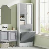 HOMCOM Armadio da bagno con cestino per il bucato e porta specchiata ripiano regolabile 62 x 28,3 x 181 cm grigio e bianco(m-2)
