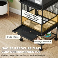 PawHut Gaiola para Pássaros de 2 Níveis com Rodas Painéis Acrílicos Comedouros Prateleira Bandejas Amovíveis  48x46x134,5 cm Preto(m-4)