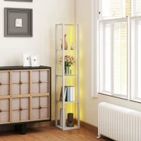 HOMCOM RGB LED Floor Lamp with Shelves, Modern Dimmable Standing Lamp with Remote Control, Adjustable Brightness & Speed for Living Room, Bedroom, Office, Oak(m-7)