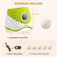 PawHut Automatic Dog Ball Launcher with 5 ETPU Tennis Balls 2.3", 3 Distance Settings 6m/10m/12m, Green(m-3)