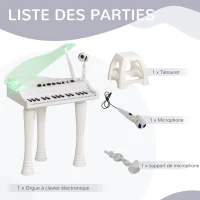 AIYAPLAY Piano enfant électronique 32 touches multifonctions avec micro haut parleur tabouret couvercle lumineux LED blanc(m-9)