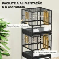 PawHut Gaiola para Pássaros de 2 Níveis com Rodas Painéis Acrílicos Comedouros Prateleira Bandejas Amovíveis  48x46x134,5 cm Preto(m-6)