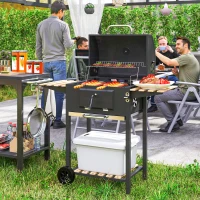Outsunny Barbecue a carbone, vasca carbone regolabile in altezza, carrello, ripiani, termometro, apribottiglie, acciaio, legno, nero(m-2)