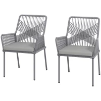 Outsunny Set da 2 sedie da giardino, sedie da terrazza, cuscini lavabili, schienale, braccioli, acciaio, rattan, grigio scuro(m-6)