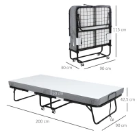 HOMCOM Cama Plegable 200x90 cm con 4 Ruedas, Cama de Camping Portátil, con Colchón Individual de 10 cm, Marco de Acero, Carga 150 kg, para Dormitorio, Salón, Oficina, Blanco(m-3)
