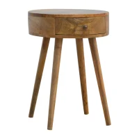 Solid Mango Wood Nordic Round Bedside Table with Unique Grain Pattern, Nightstand with Nordic Legs and Drawer, 40L x 40W x 56H cm, Brown(m-9)