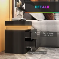 HOMCOM Masă de noapte neagră cu lumină LED, Front lucios cu 2 sertare, pentru Sufragerie, Dormitor(m-7)