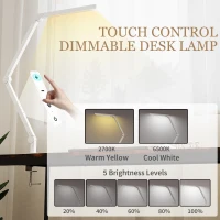 HOMCOM LED Desk Lamp, Dimmable Desk Light with Swing Arm and Clamp, Adjustable Eye-Caring Table Lamp with 2 Colour Modes & 5 Brightness Levels for Study, Drawing, Office, Architect, Task, White(m-4)