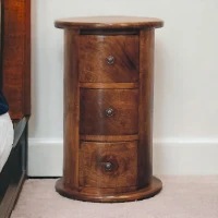 Solid Wood Mini Drum Chest with 3 Smooth-Gliding Drawers, Handcrafted Bedside Table with Stain-Based Finish, 32L x 32W x 50H cm, Brown(m-1)