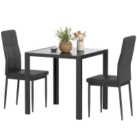 HOMCOM Ensemble table à manger et chaises pour 2 personnes, plateau rectangulaire en verre, pour cuisine salon maison, noir(m-1)