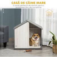 PawHut Cusca pentru Caini in Forma de Casuta din Lemn, cu Perna Inclusa, Gri si Alb(m-5)