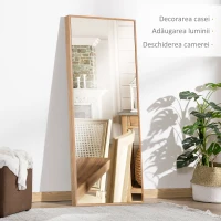 HOMCOM Oglinda cu design lung din lemn moderna, Oglinda decorativa de perete rustica, Oglinda de podea suspendata sau sprijinita, vertical sau orizontal, pentru sufragerie, dormitor, maro natural(m-4)