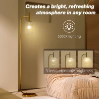 HOMCOM LED Floor Lamp for Living Room with Glass Lampshade, Modern Standing Lamp with Foot Switch, Adjustable Brightness, 2700K for Bedroom, Gold Tone(m-5)