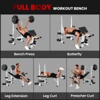 HOMCOM Hantelbank mit Hantelablage, Brustpresse, Beinpresse, Armauflage für Bizepscurls, Stahl, schwarz+weiß(m-4)