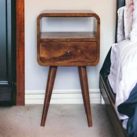 Solid Mango Wood Mini Bedside Table with Drawer and Open Shelf, Hand-Finished Desk with Unique Grain, 30L x 30W x 55H cm, Brown(m-1)
