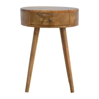 Solid Mango Wood Nordic Round Bedside Table with Unique Grain Pattern, Nightstand with Nordic Legs and Drawer, 40L x 40W x 56H cm, Brown(m-2)