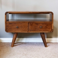 Solid Mango Wood Mini Media Unit with Smooth-Glide Drawers and Open Slot, TV Unit with Unique Grain, 30L x 60W x 45H cm, Brown