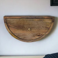 Solid Mango Wood Crescent Floating Bedside Table with Drawer and Brass Knob, Handcrafted Desk for Bedroom, 32L x 45W x 23H cm, Brown(m-1)