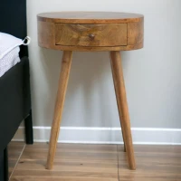 Solid Mango Wood Nordic Round Bedside Table with Unique Grain Pattern, Nightstand with Nordic Legs and Drawer, 40L x 40W x 56H cm, Brown(m-1)