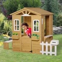 Outsunny Kinderspielhaus mit Fenster Briefkasten Outdoor Gartenspielhaus mit Blumentopfrack Zaun Bank Holzspielhaus Tannenholz Natur+Weiß(m-7)