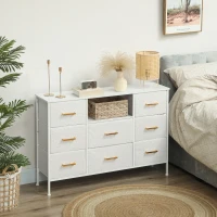 HOMCOM Commode 8 tiroirs en tissu bouclette, meuble de rangement avec 2 prises de courant, structure en acier 110x30x76cm crème(m-10)