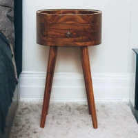 Solid Mango Wood Bedside Table with Drawer and Nordic Legs, Handcrafted Desk with Clear Natural Finish, 32L x 32W x 55H cm, Brown(m-1)