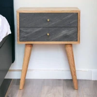 Solid Mango Wood Slade Bedside Table with 2 Drawers and Nordic-Style Legs, Hand-Painted Desk for Bedroom, 35L x 45W x 58H cm, Brown(m-1)