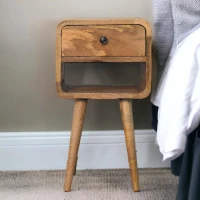 Solid Mango Wood Mini Bedside Table with Spacious Drawer and Open Slot, Hand-finished Desk with Unique Grain, 30L x 30W x 55H cm, Brown(m-1)