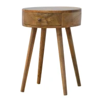 Solid Mango Wood Nordic Round Bedside Table with Unique Grain Pattern, Nightstand with Nordic Legs and Drawer, 40L x 40W x 56H cm, Brown(m-8)