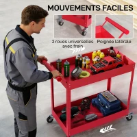 DURHAND Chariot d'atelier servante atelier à 2 niveaux, poignée latérale et roulettes verrouillables, 84,5x38x84cm, rouge(m-5)