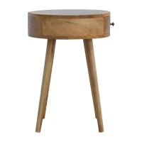 Solid Mango Wood Nordic Round Bedside Table with Unique Grain Pattern, Nightstand with Nordic Legs and Drawer, 40L x 40W x 56H cm, Brown(m-10)