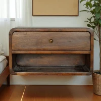 Solid Mango Wood Floating Bedside Table with Drawer and Open Shelf, Handcrafted Desk with Stain-Based Finish, 32L x 45W x 25H cm, Brown(m-1)