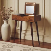 Solid Wood Mini Folding Vanity with Single Drawer and Folding Mirror, Handcrafted Desk with Deep-stain Finish, 35L x 70W x 78H cm, Brown(m-1)